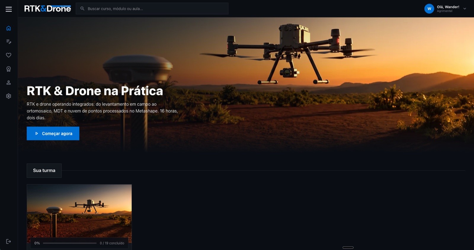 Área do participante da AGRIMENTEL, com o curso RTK e Drone na Prática e o progresso das aulas
