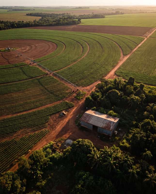 Vista aérea de propriedade rural produtiva com lavoura e benfeitorias
