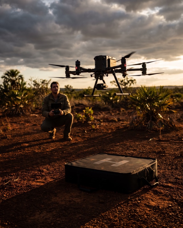 Drone de levantamento decolando em terreno rural
