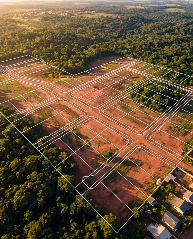 Área às margens de cidade com traçado de lotes sobreposto ao terreno