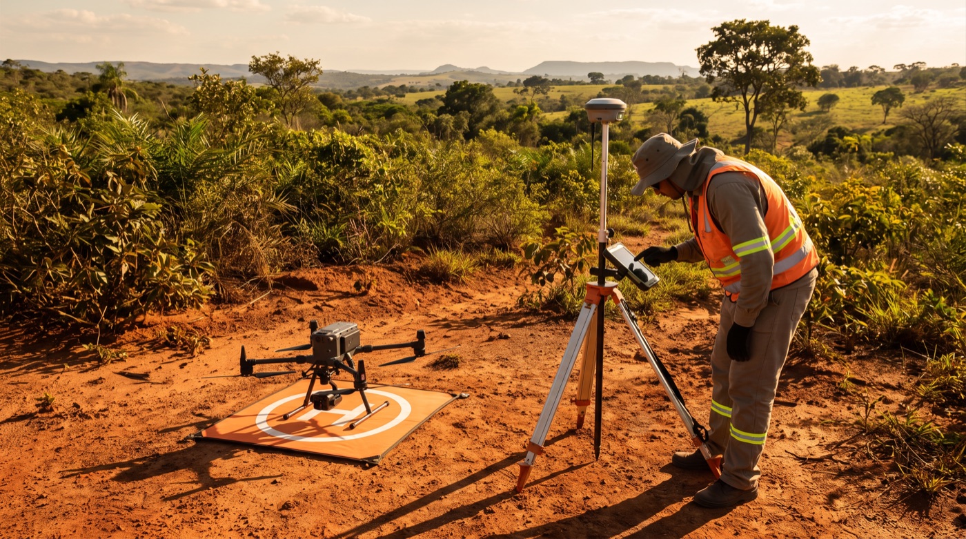 Topógrafo operando rover RTK com drone no pad de decolagem
