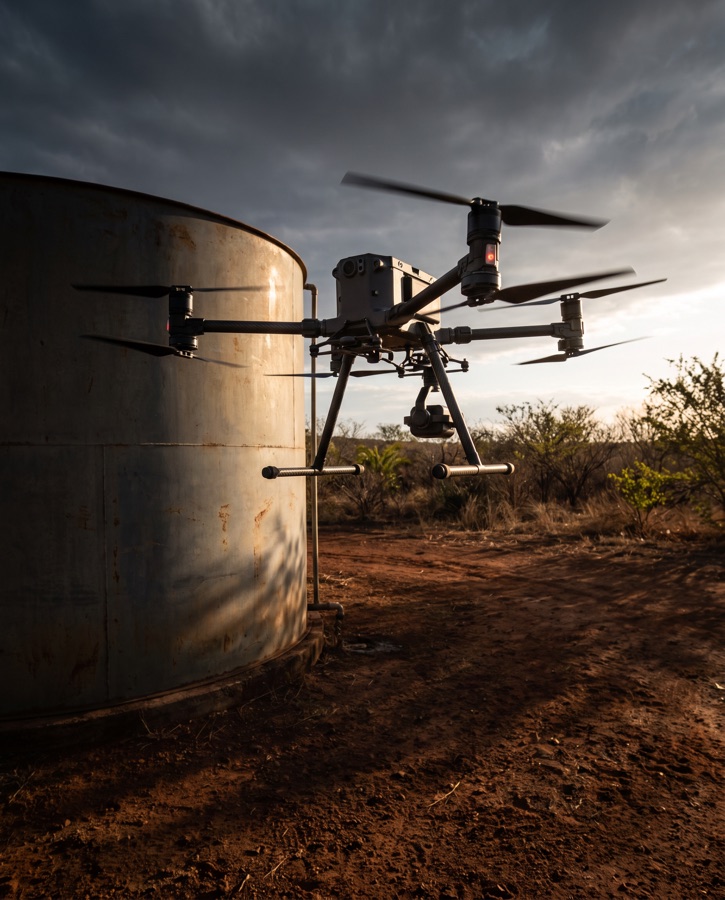 Drone inspecionando reservatório industrial
